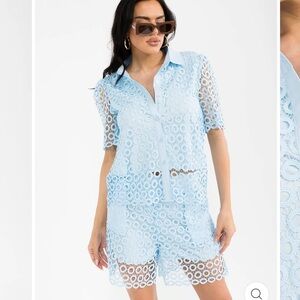 B3. CROCHET 2pc set Light Blue Lace SHORT SLEEVE BLOUSE & ELASTIC WAIST SHORTS